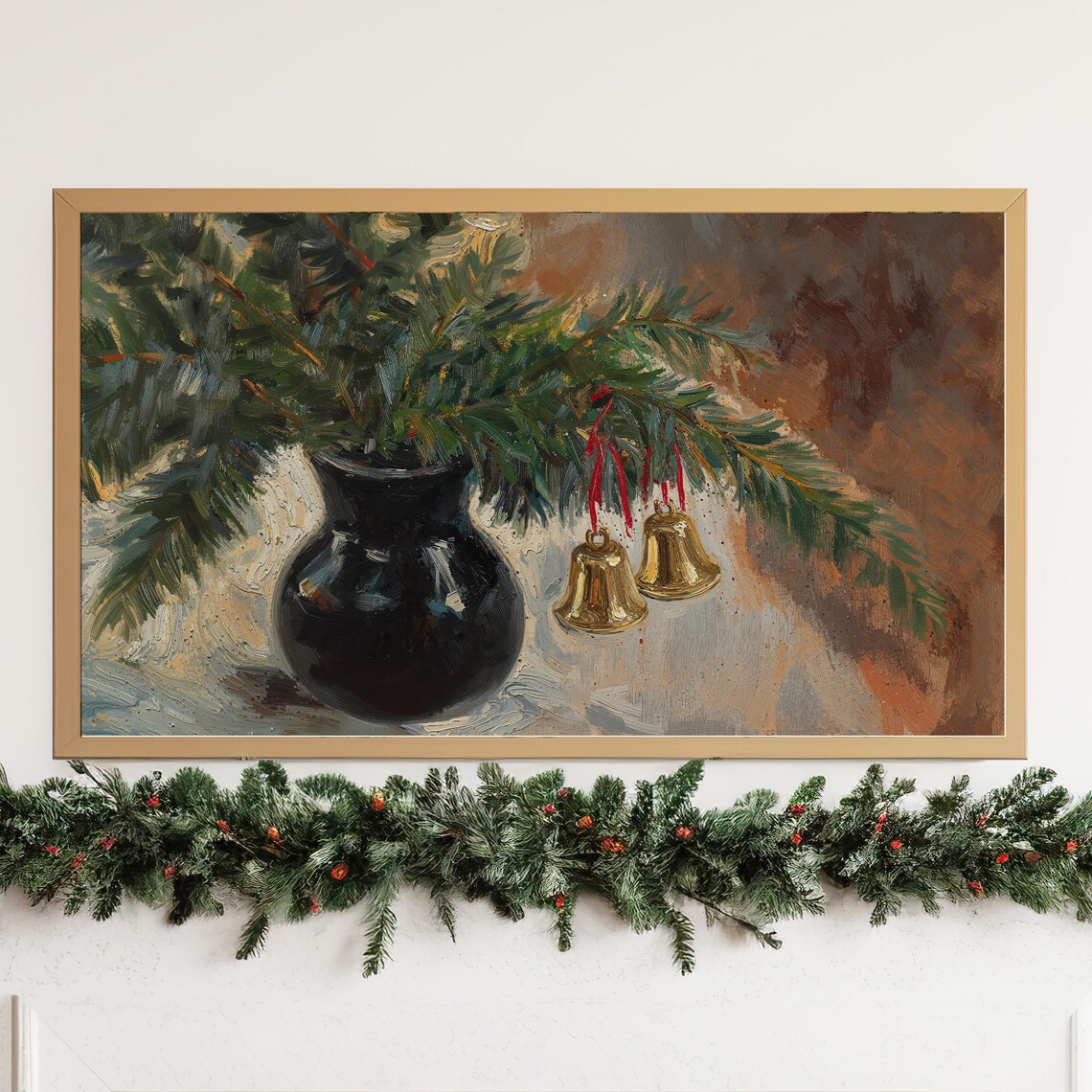 Christmas Pine Bells Black Vase Vintage Holiday Still Life Poster - Image 4