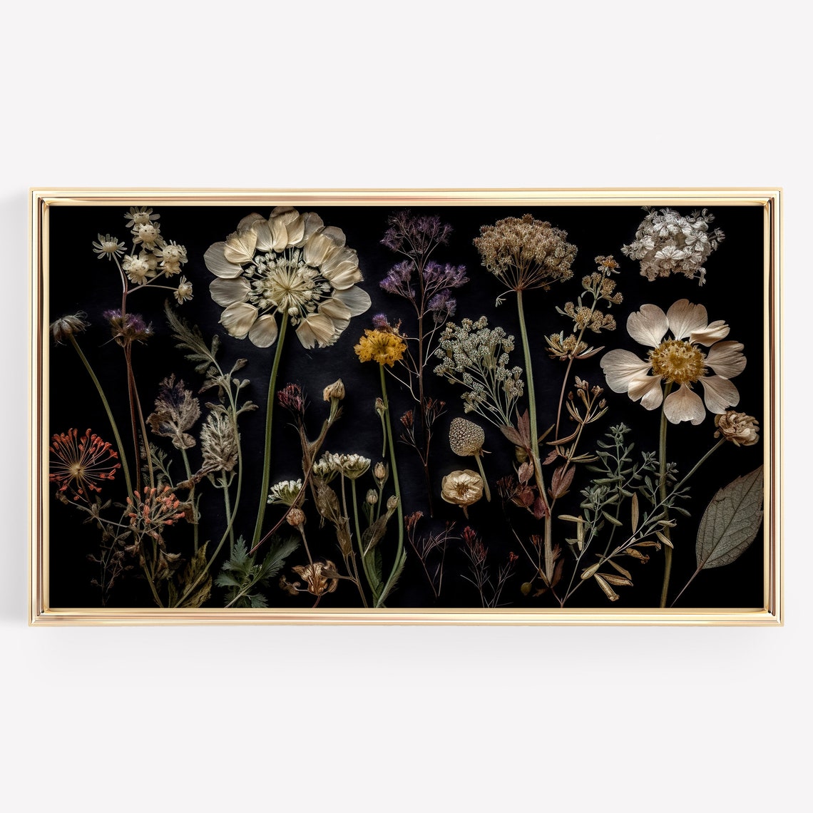 Dark Botanical Wildflowers Dried Pressed Black Background Poster - Image 3