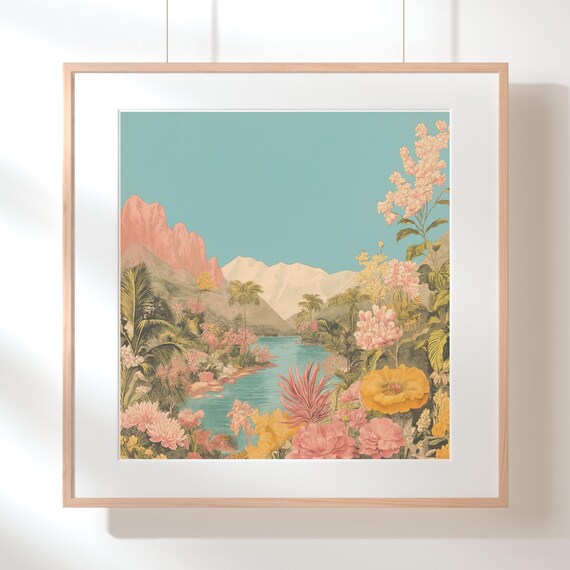 Tropical Mountain Paradise Wall Art Vibrant Floral Landscape Modern Boho Artwork For Instant