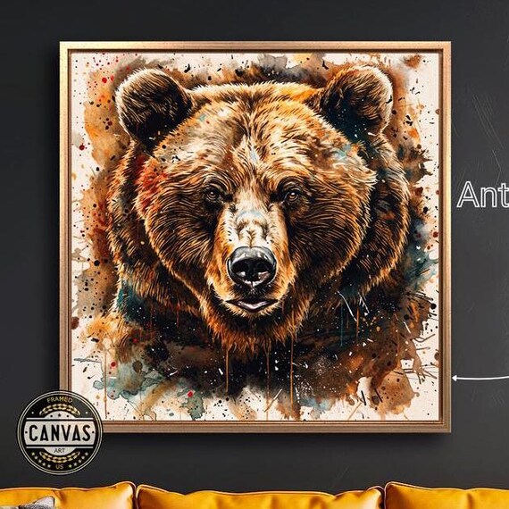 Brown Bear Portrait Watercolor Splatter Wild Animal Face Square Art Poster
