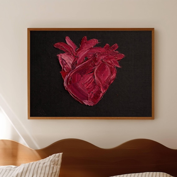 Anatomical Heart Impasto Oil Painting Poster Magenta on Black Textured Art