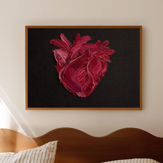 Impasto Anatomical Heart Black Textured Oil Painting Print Horizontal Above Bed Wallart Handdrawn Modern Minimal Romantic Valentine Poster