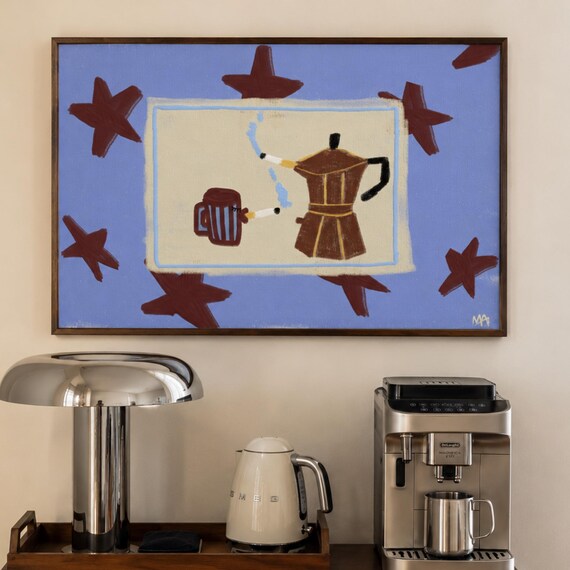 Coffee Moka Pot And Cigarettes Fun Colorful Kitchen Art Poster