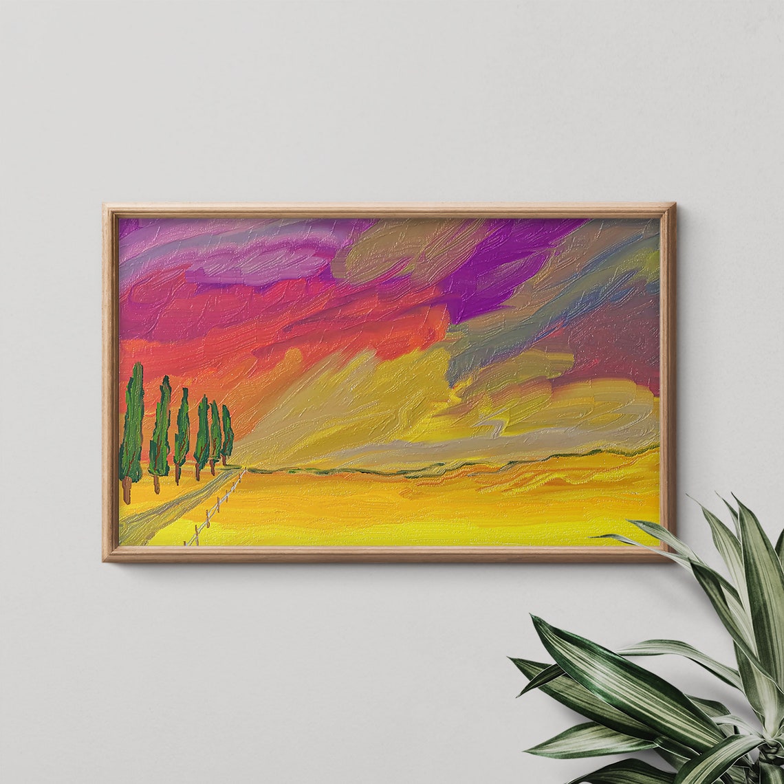Tall Cypress Trees Against Dramatic Sunset Sky Impasto Art Print
