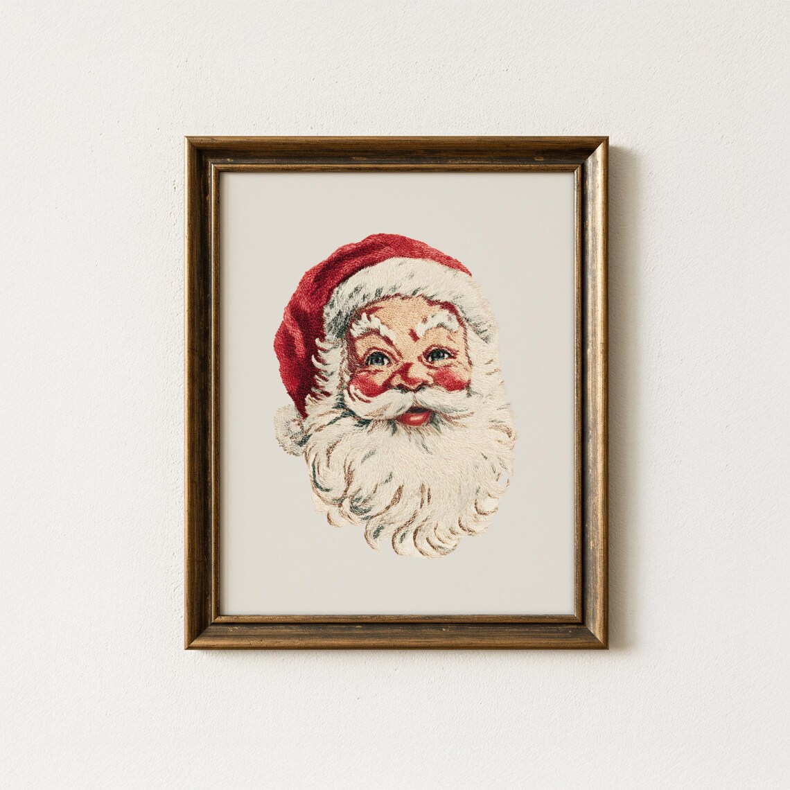 Vintage Embroidered Santa Claus Face Christmas Holiday Art Print