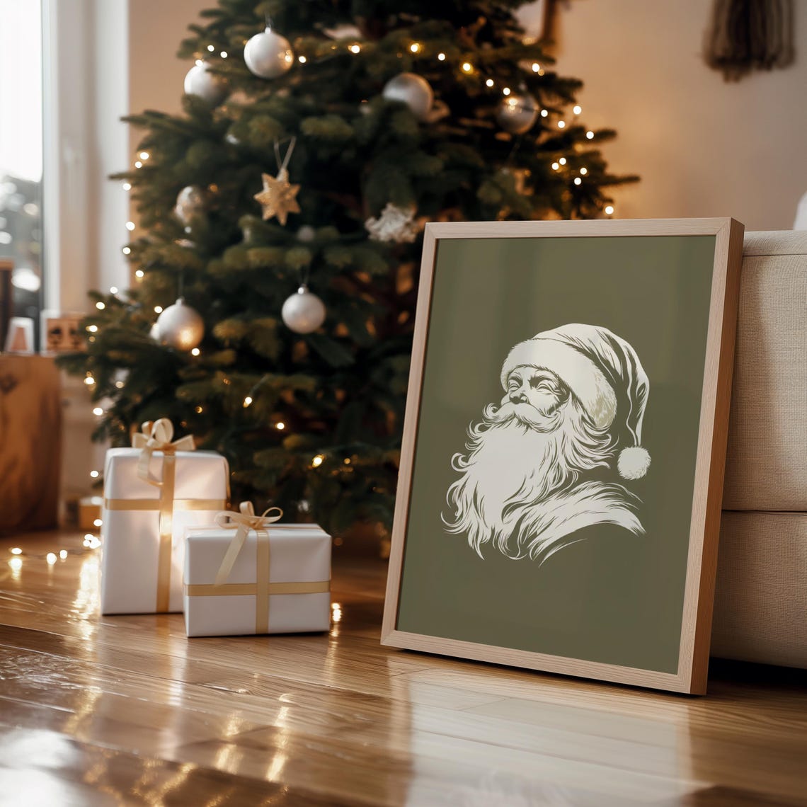 Santa Claus Line Art Cream on Olive Green Christmas Portrait Poster - Image 3