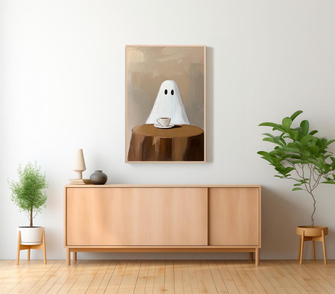 Cute Ghost with Coffee Cup Painting Halloween Whimsical Poster - Image 2