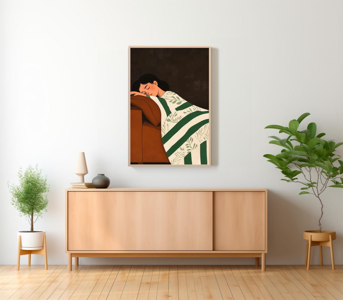 Woman Sleeping Rust Couch Green Stripe Throw Illustration Poster - Image 2