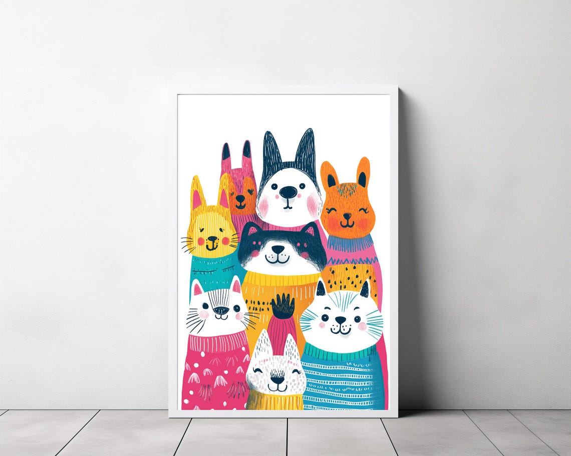 Happy Smiling Cats Wearing Bright Knitted Sweaters Kids Wall Art - Image 3