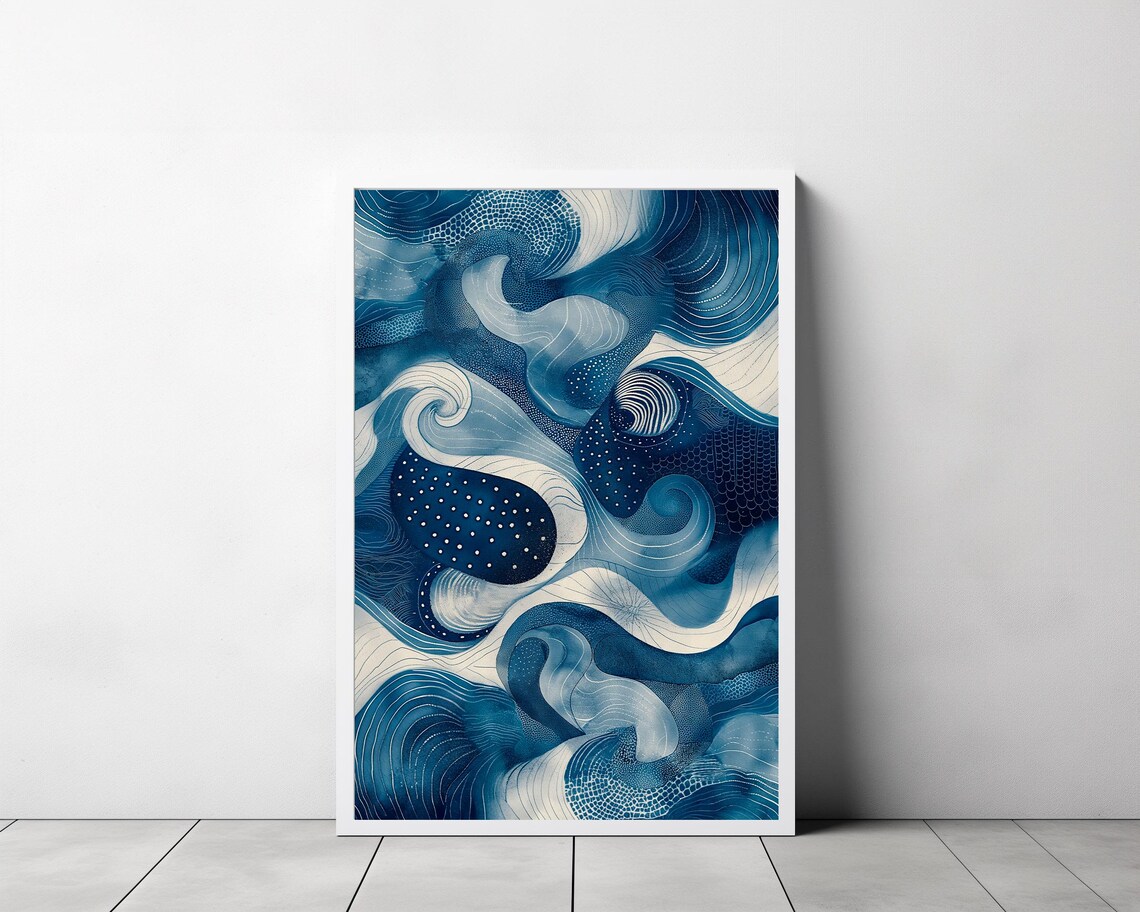 Dark Blue Denim Style Swirling Ocean Waves Abstract Art Poster - Image 3