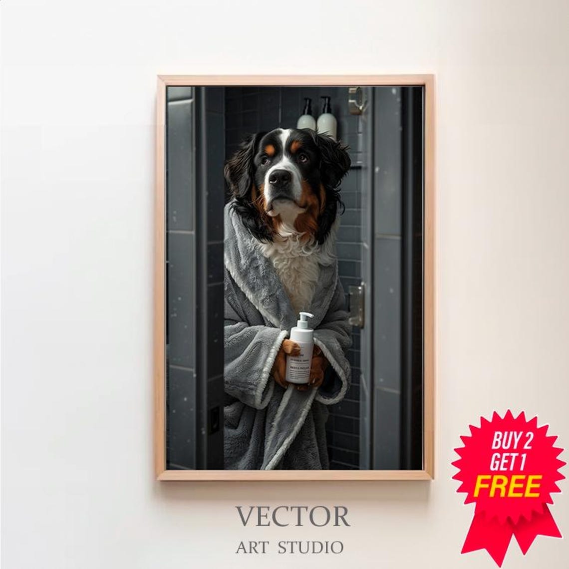 Bernese Mountain Dog in Gray Bathrobe Holding Bottle Funny Poster