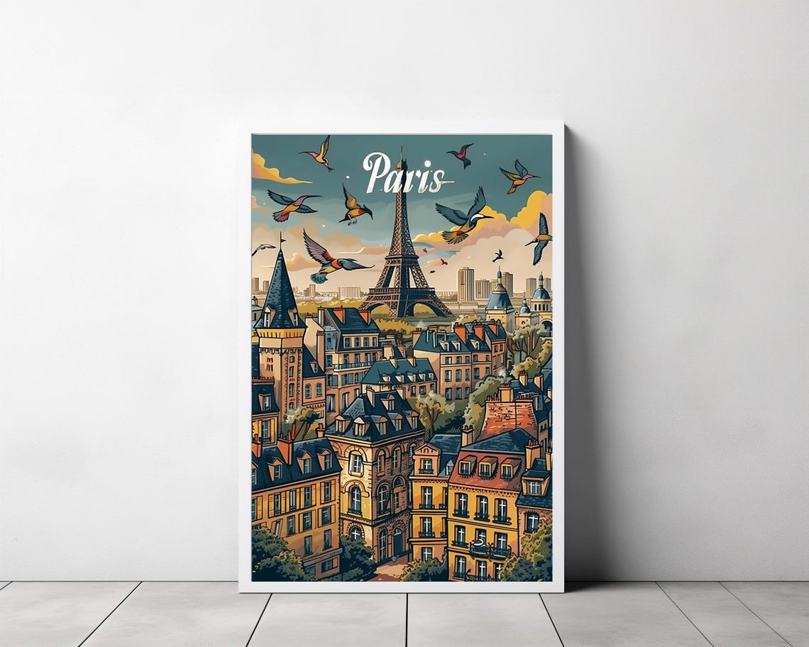 Paris Eiffel Tower With Flying Birds At Sunset Travel Poster - Image 3