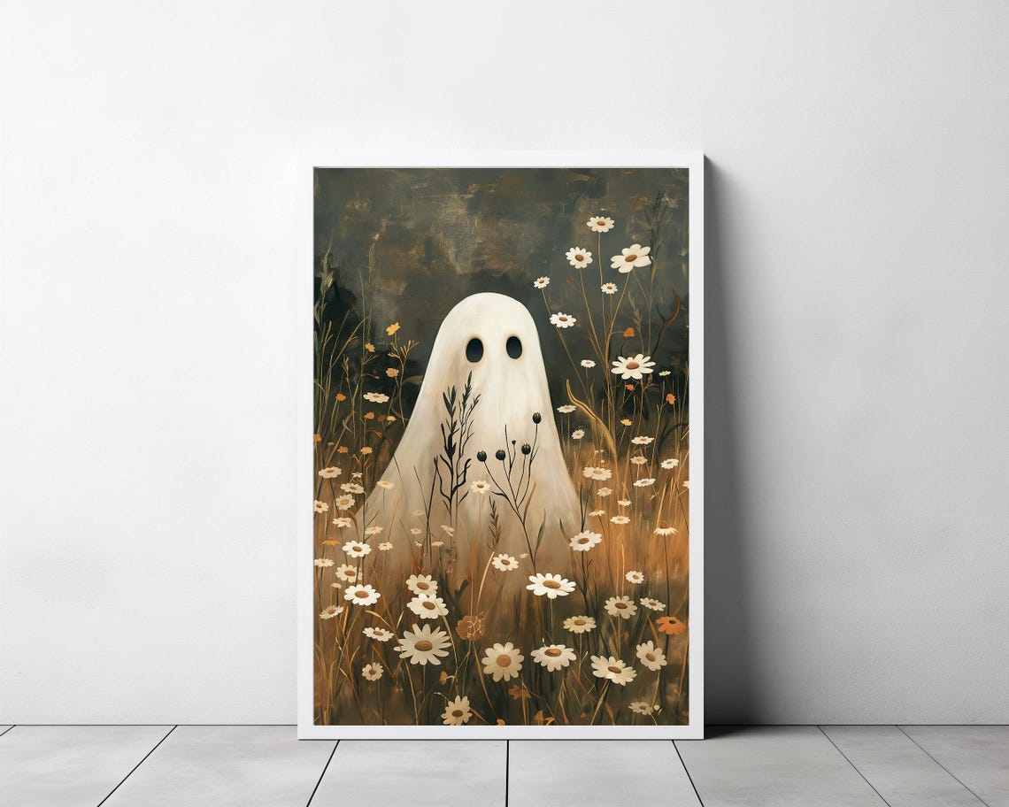 Cute Ghost in Daisy Meadow Dark Vintage Halloween Decor Poster - Image 3