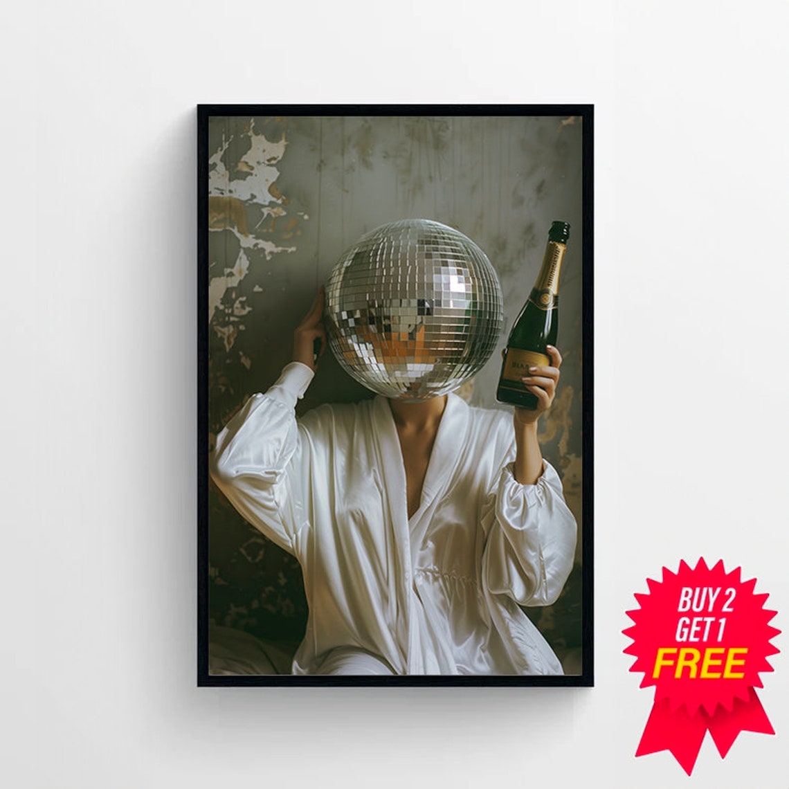 Surreal Woman With Disco Ball Head Holding Champagne Vintage Poster - Image 4
