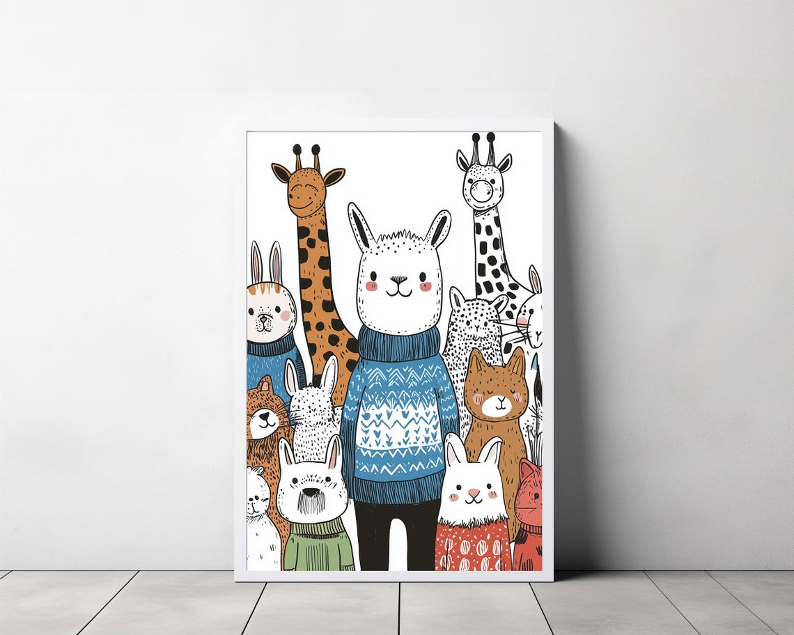 Smiling Cartoon Animals in Cozy Knitted Sweaters Kids Nursery Poster - Image 3
