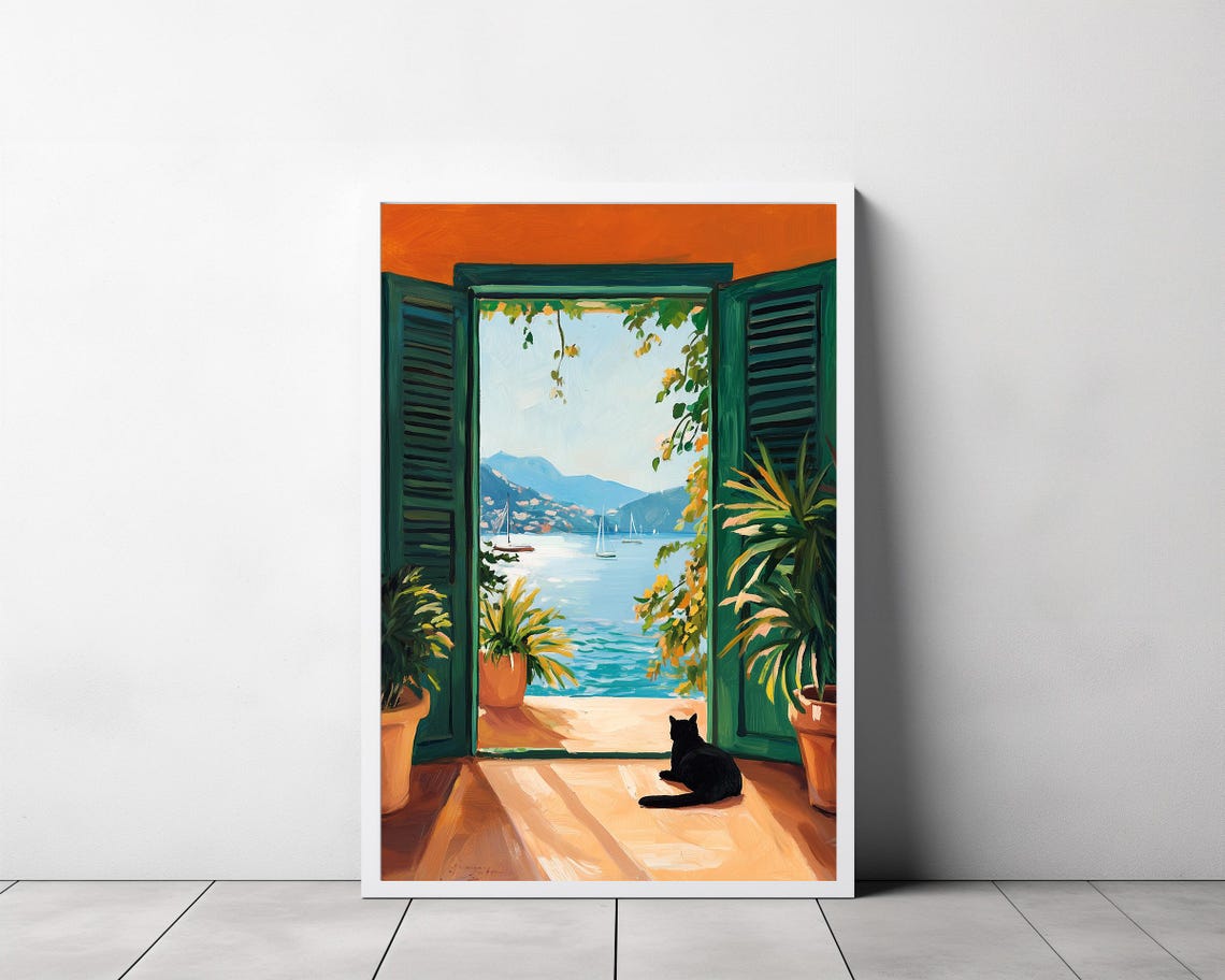 Black Cat Sitting by an Open Window Overlooking the Sea Poster - Image 3