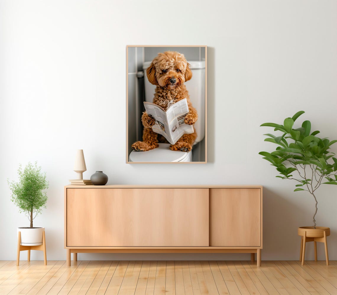 Cockapoo Puppy Reading Newspaper on Toilet Funny Animal Poster - Image 2