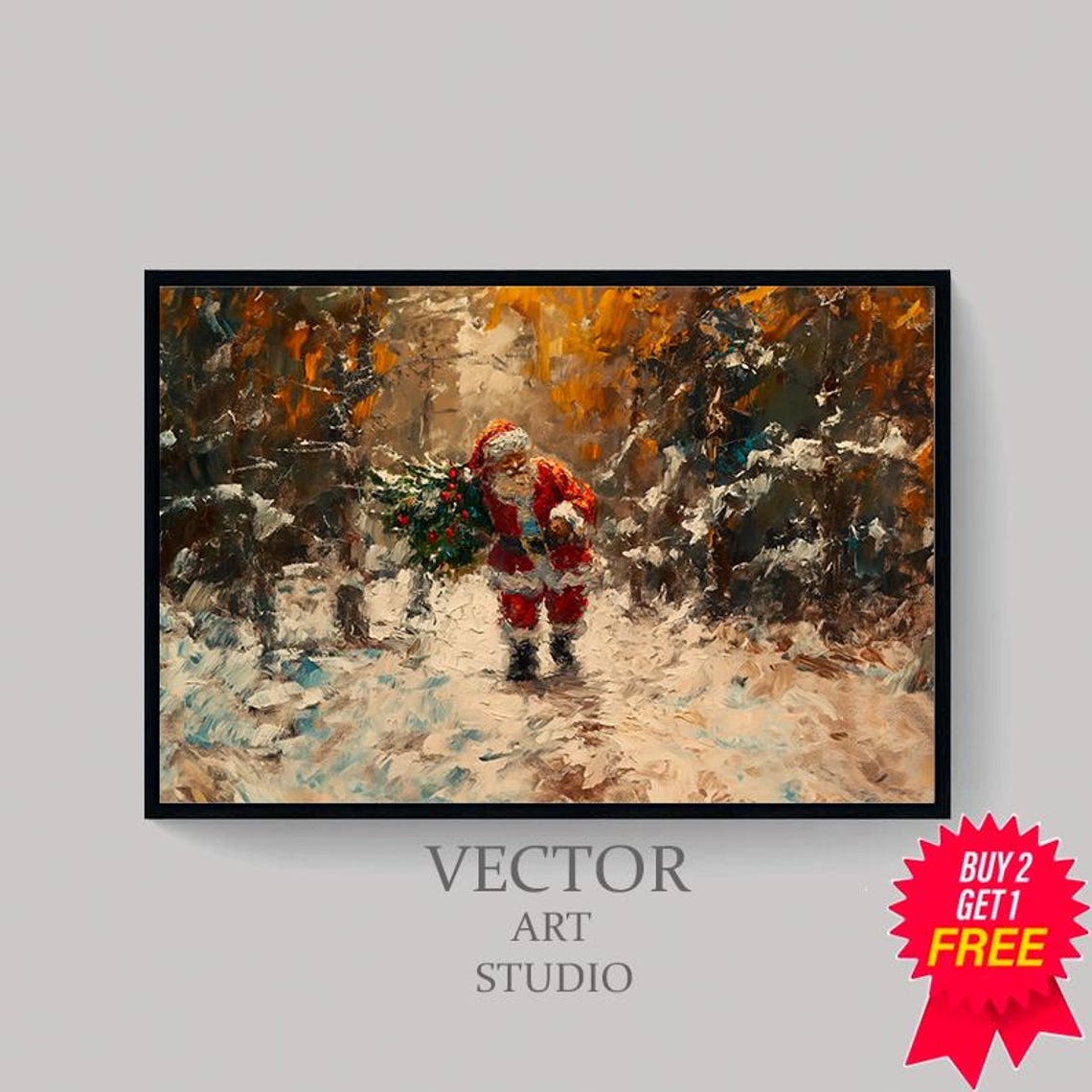 Santa Claus Carrying Christmas Tree Through Snowy Forest Oil Poster - Image 4