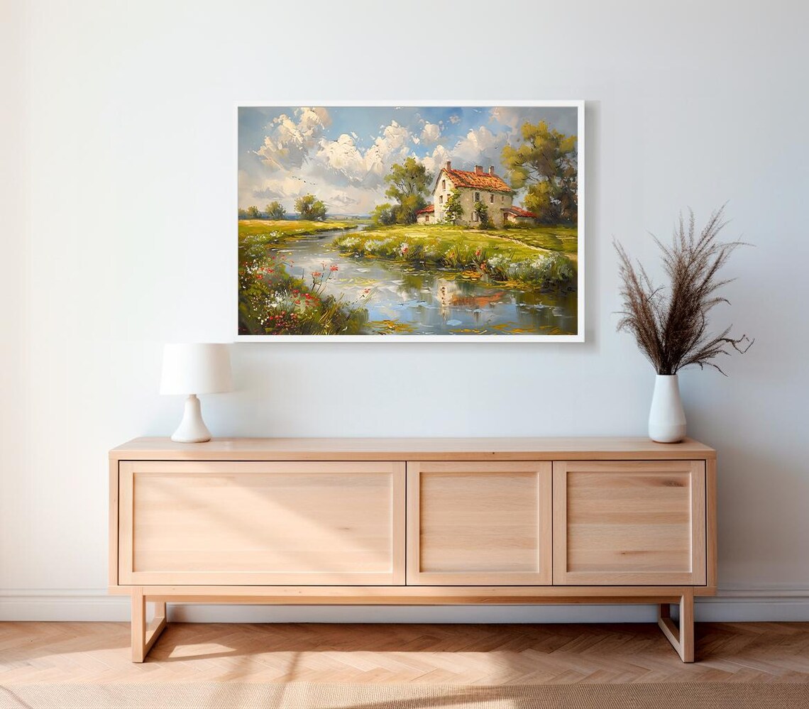 Countryside House With Red Roof By The River Oil Painting Poster - Image 2