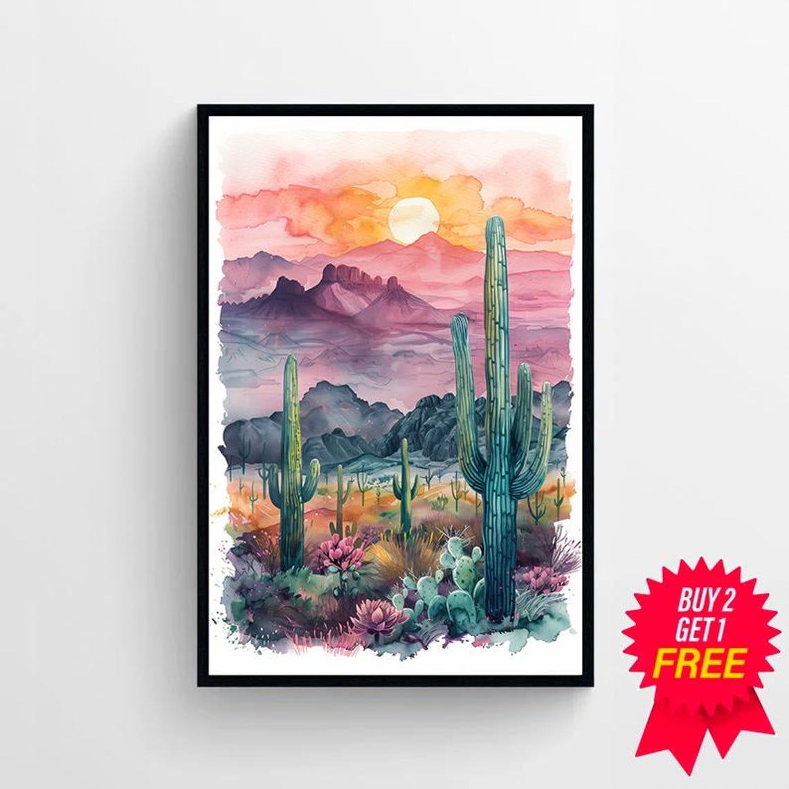 Sonoran Desert Sunset Saguaro Cactus Pink Sky Watercolor Art Poster - Image 4