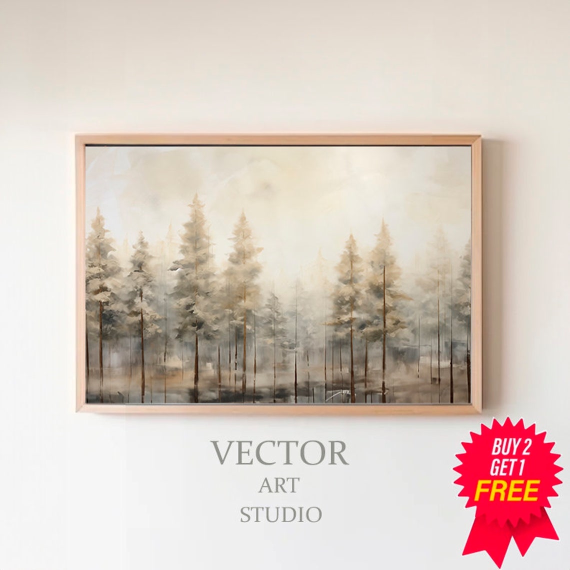 Foggy Pine Forest With Tall Thin Trunks Soft Blue Gray Poster