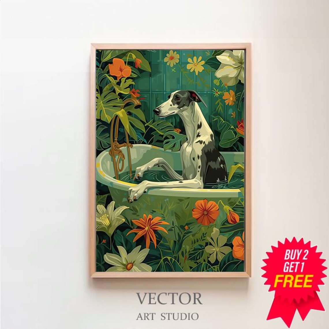 Greyhound Dog Relaxing in Bathtub Amid Tropical Flowers Poster