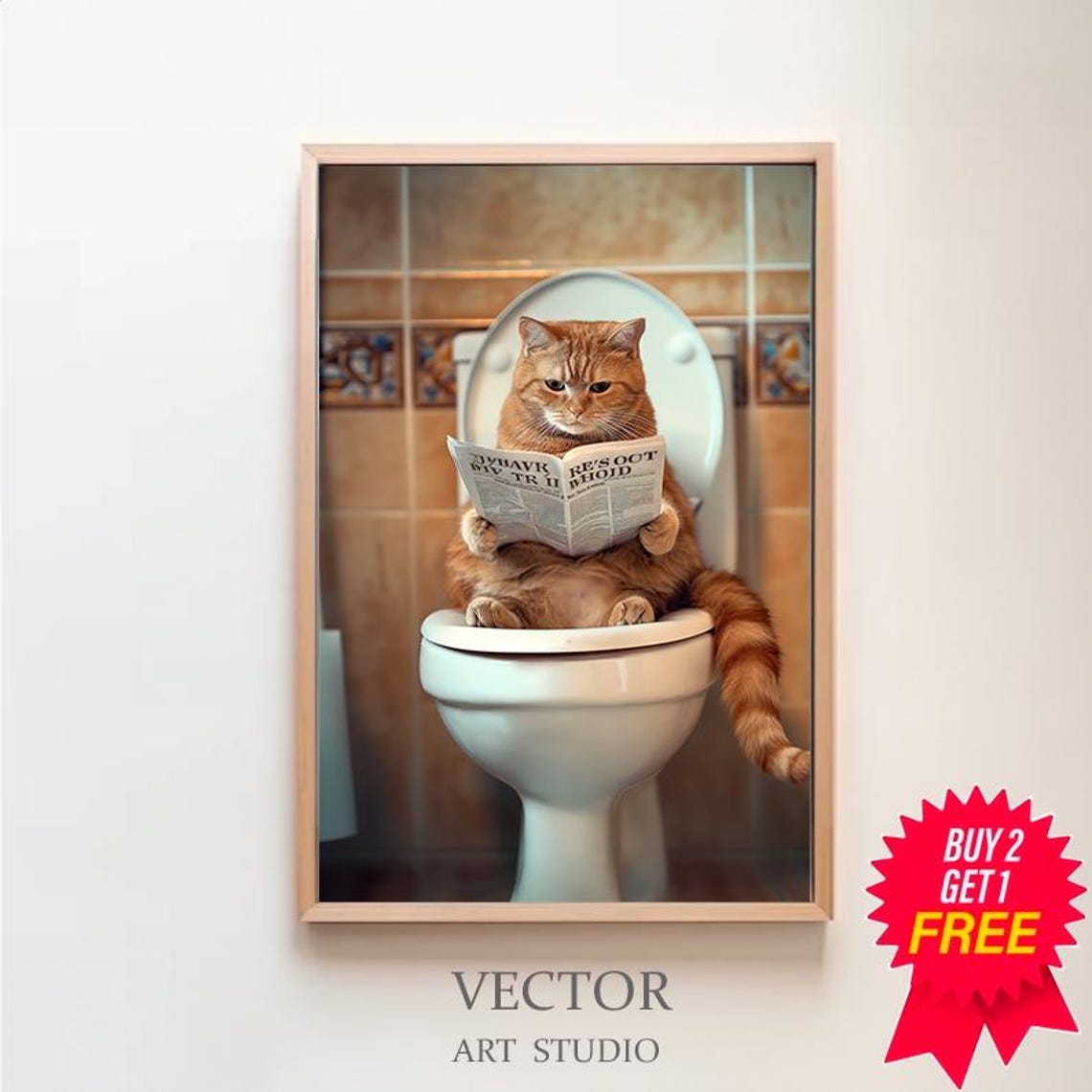 Orange Tabby Cat Reading Newspaper on Toilet Funny Bathroom Art Poster