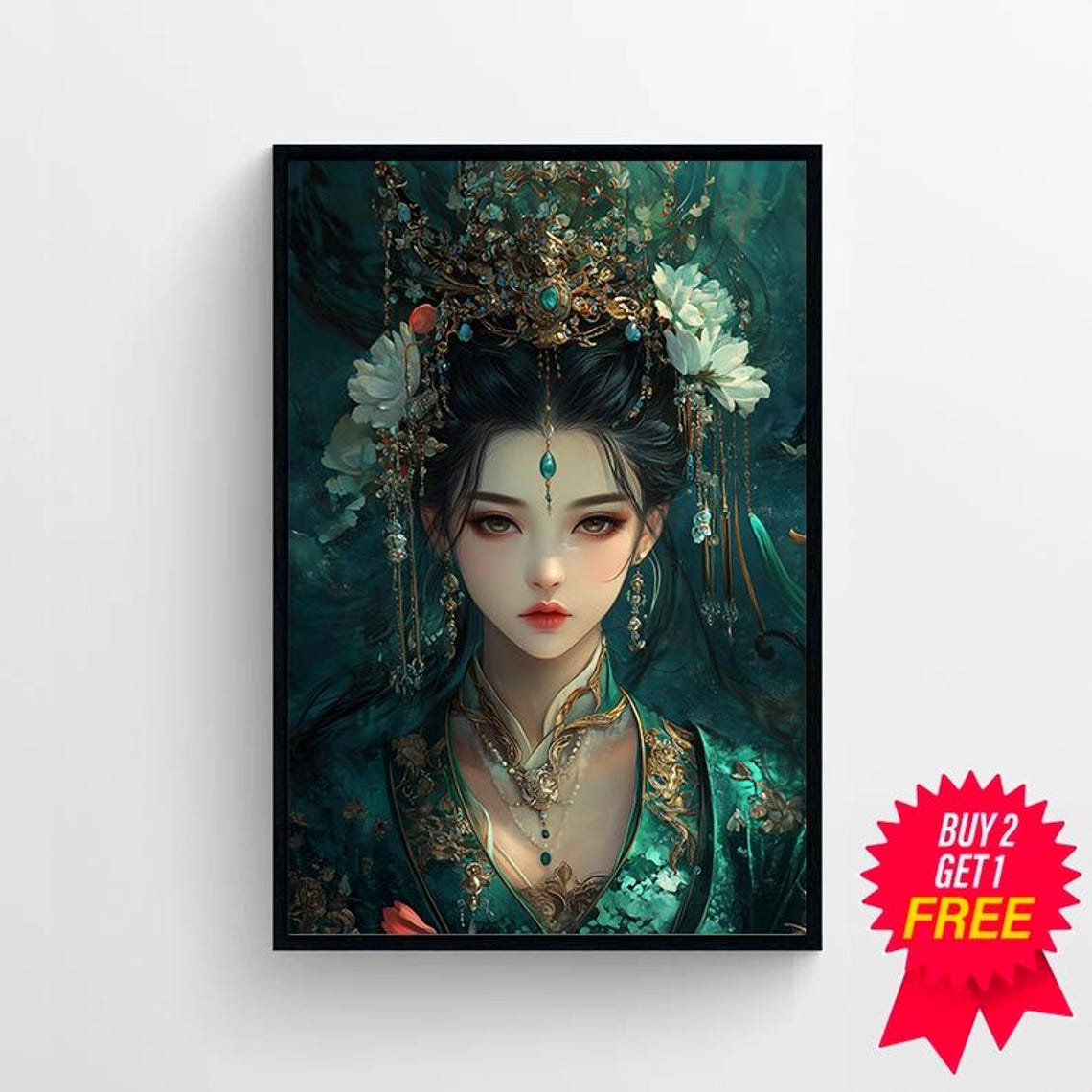 Green Tara Buddhist Goddess of Compassion Ornate Teal Portrait Poster - Image 4