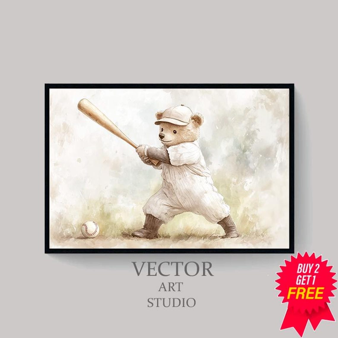 Teddy Bear Baseball Player in Pinstripes Nursery Sports Poster - Image 4