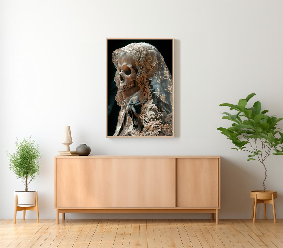 Skull Bride in Antique Lace Veil Gothic Dark Academia Halloween Poster - Image 2