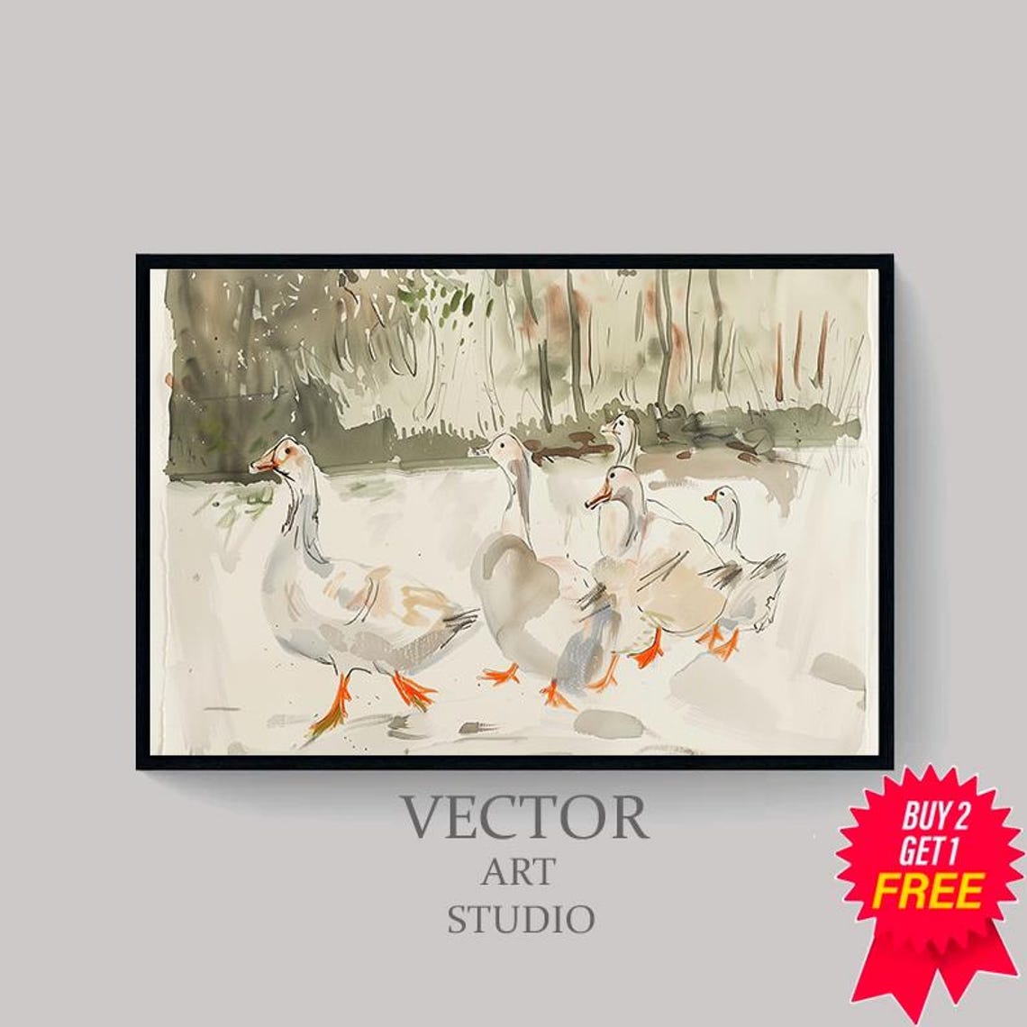 Small Geese Flock Walking Together In Loose Watercolor Sketch Poster - Image 4