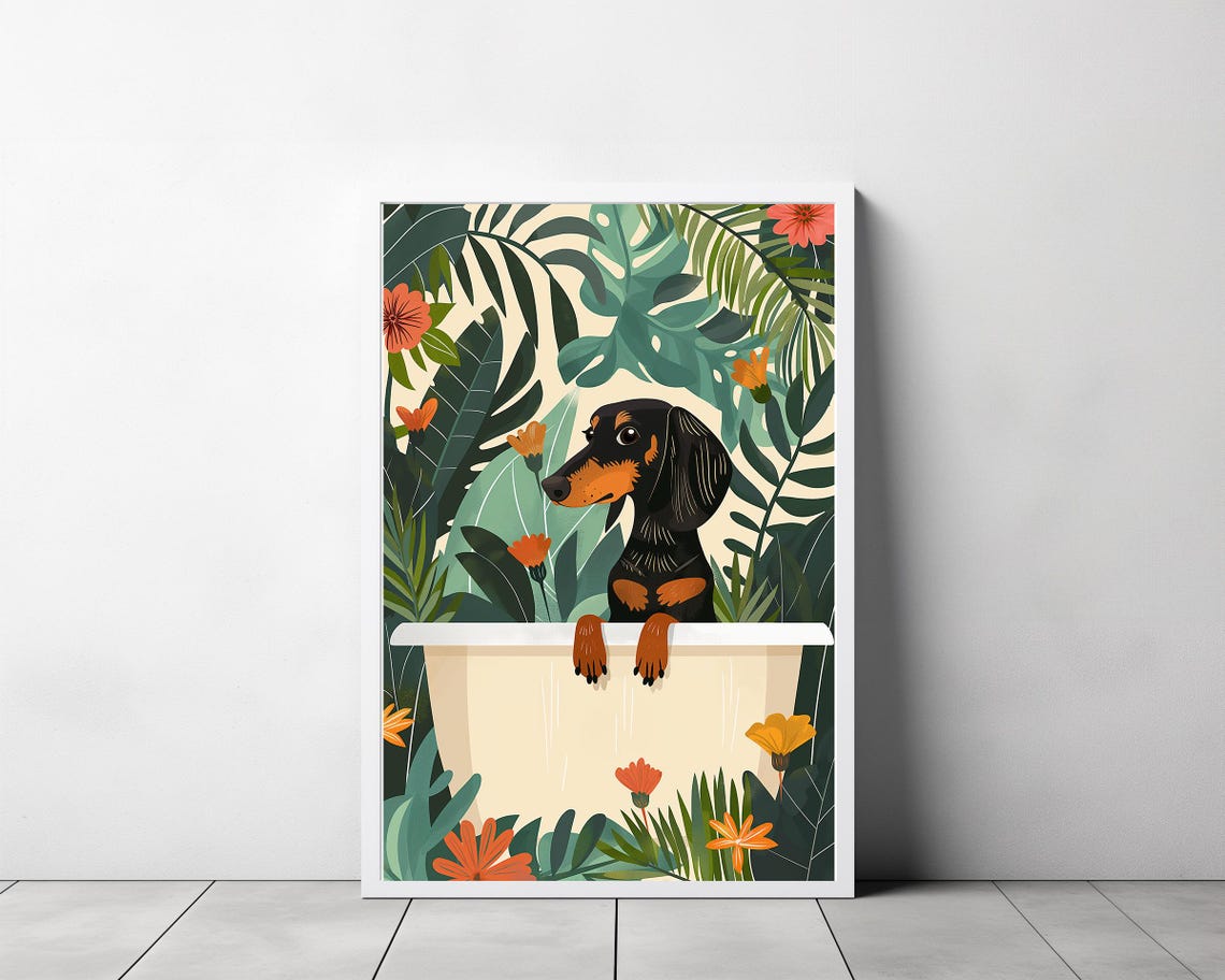 Dachshund Standing Alert in White Bathtub Monstera Leaves Poster - Image 3