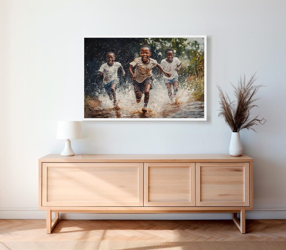 Three African Children Laughing and Splashing in Water Art Poster - Image 2