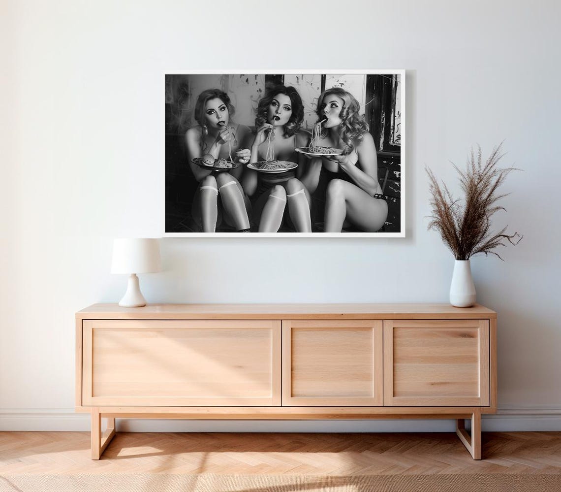 Three Retro Pin-Up Style Girls Eating Spaghetti Photo Poster - Image 2