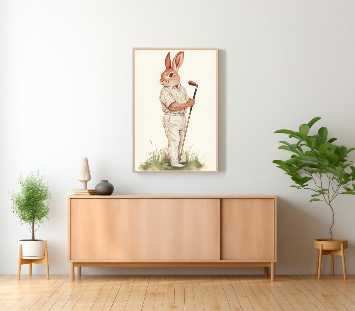 Rabbit Golfer in White Outfit Leaning on a Vintage Golf Club Poster - Image 2