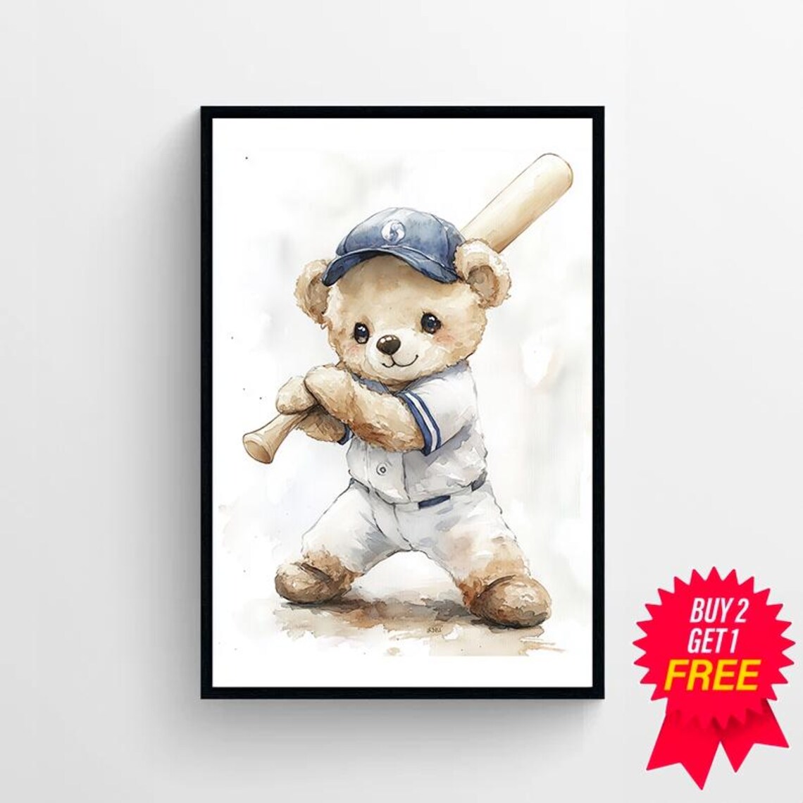 Teddy Bear Baseball Player Watercolor Cute Nursery Sports Poster - Image 4