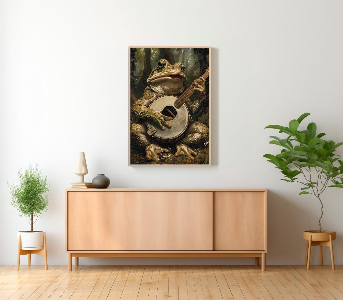 Smiling Frog Playing Banjo Vintage Forest Animal Portrait Poster - Image 2