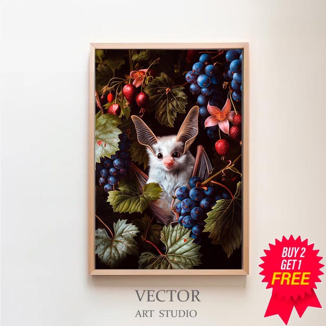 White Fruit Bat Among Grapes Dark Gothic Botanical Art Print