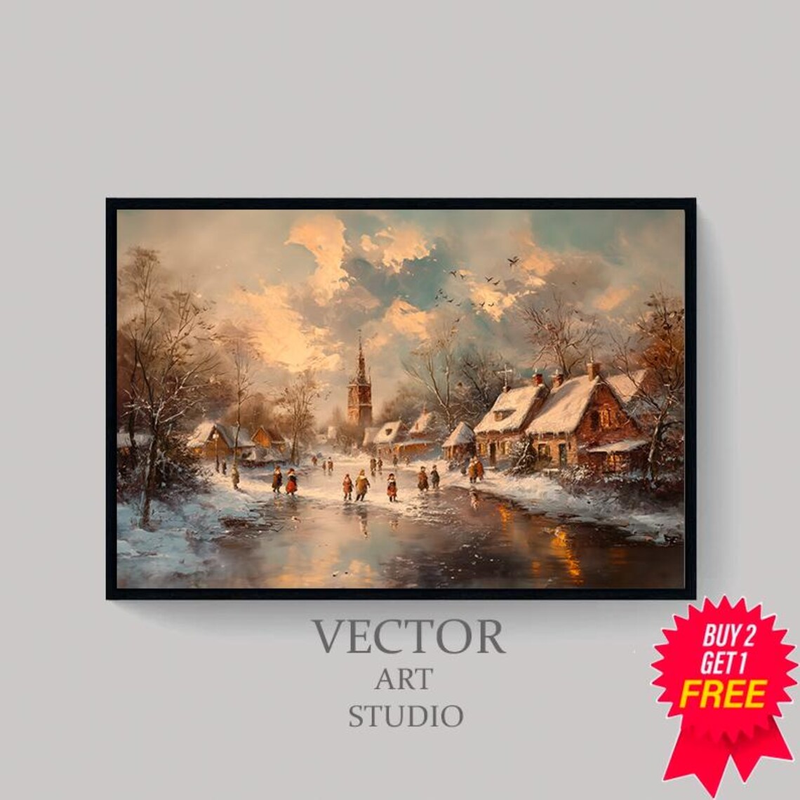 Ice Skaters On Frozen Pond Winter Village At Sunset Vintage Poster - Image 4