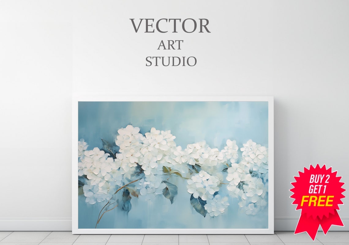 White Hydrangea Blossoms on Soft Blue Vintage Spring Botanical Poster - Image 3