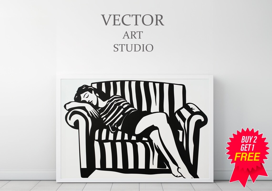 Reclining Woman on Striped Chaise Lounge Horizontal Black White Art Poster - Image 3