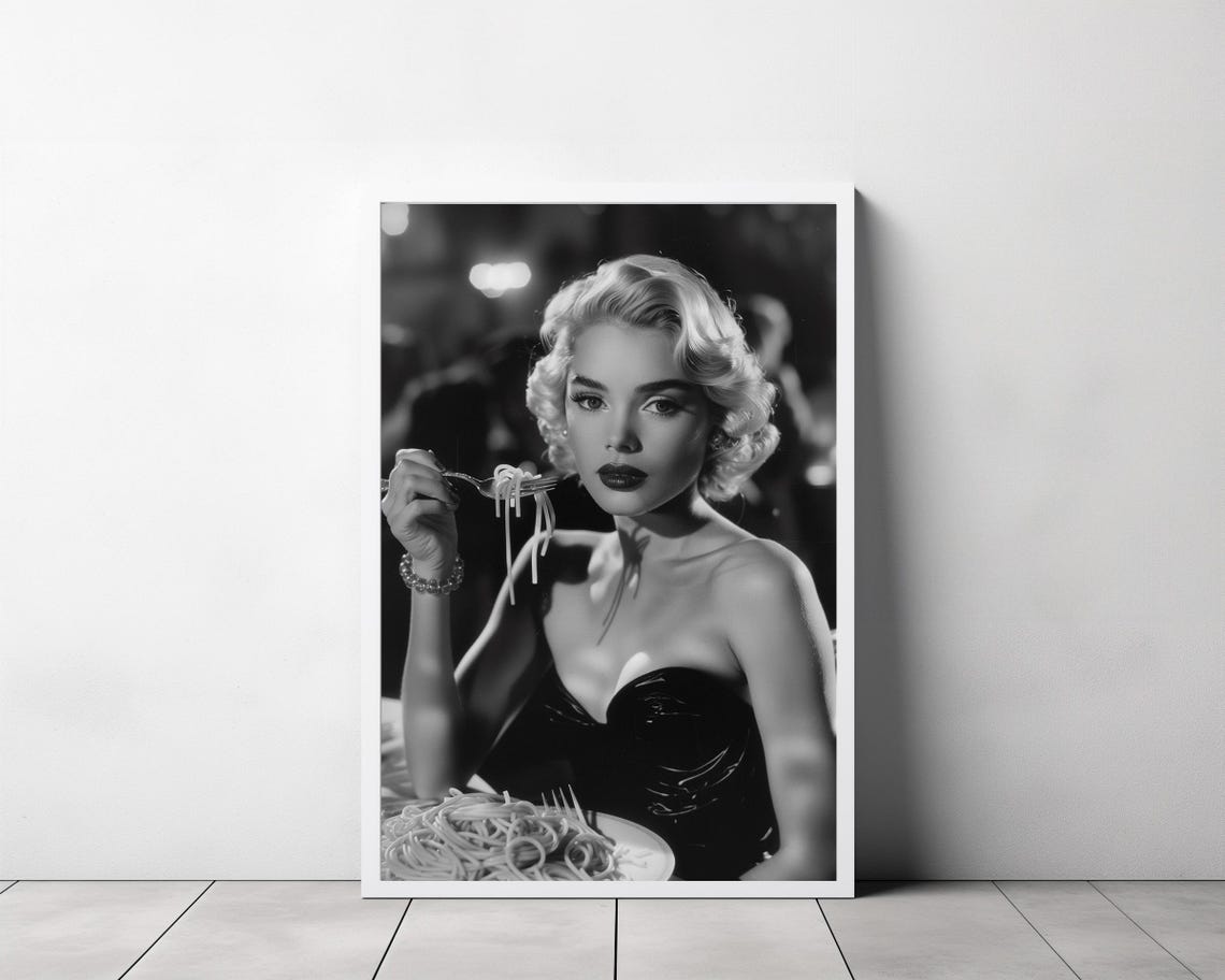 Blonde Woman Eating Spaghetti Vintage Style Black White Kitchen Poster - Image 3