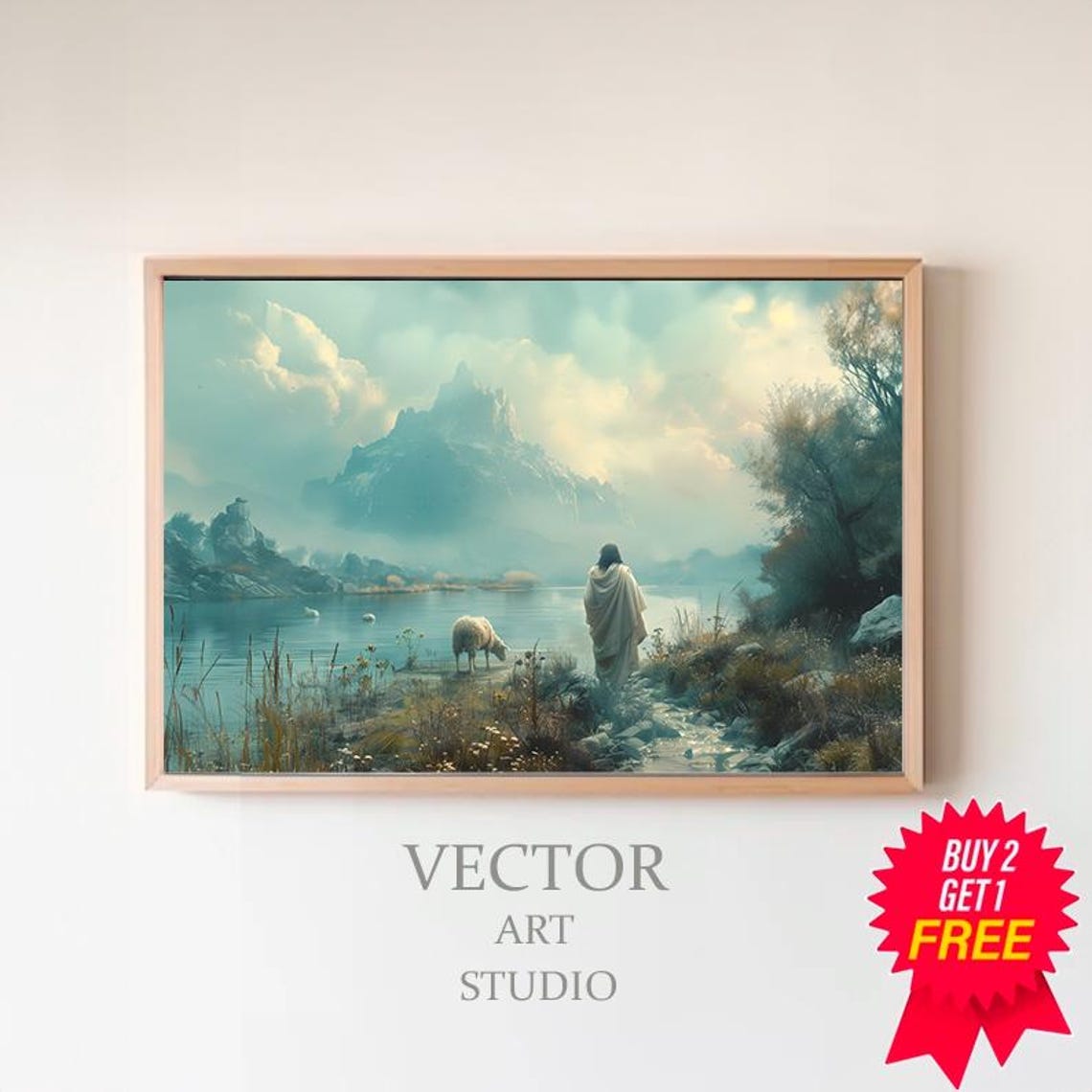 Jesus and a Sheep Gazing Across a Misty Mountain Lake Poster