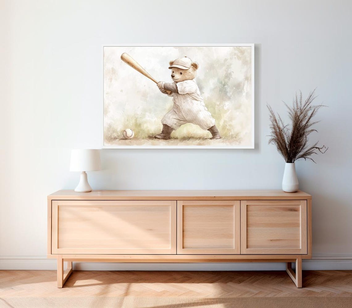 Teddy Bear Baseball Player in Pinstripes Nursery Sports Poster - Image 2