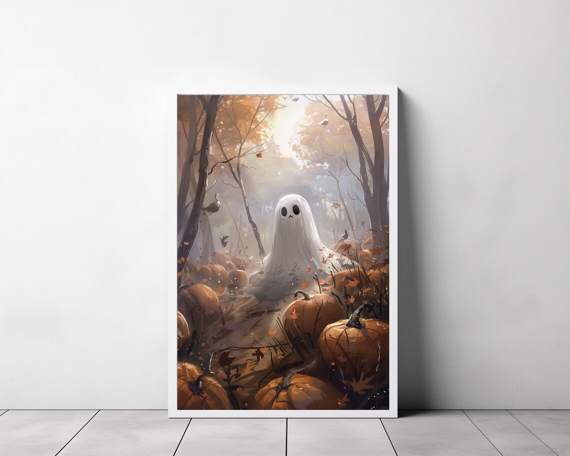 Ghost Standing In Pumpkin Patch With Crows Flying Autumn Halloween Poster - Image 3