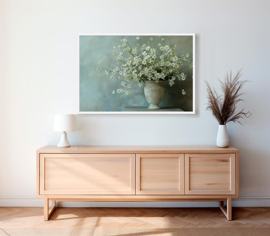 Delicate Tiny White Wildflowers In Aged Stone Vase Still Life Poster - Image 2
