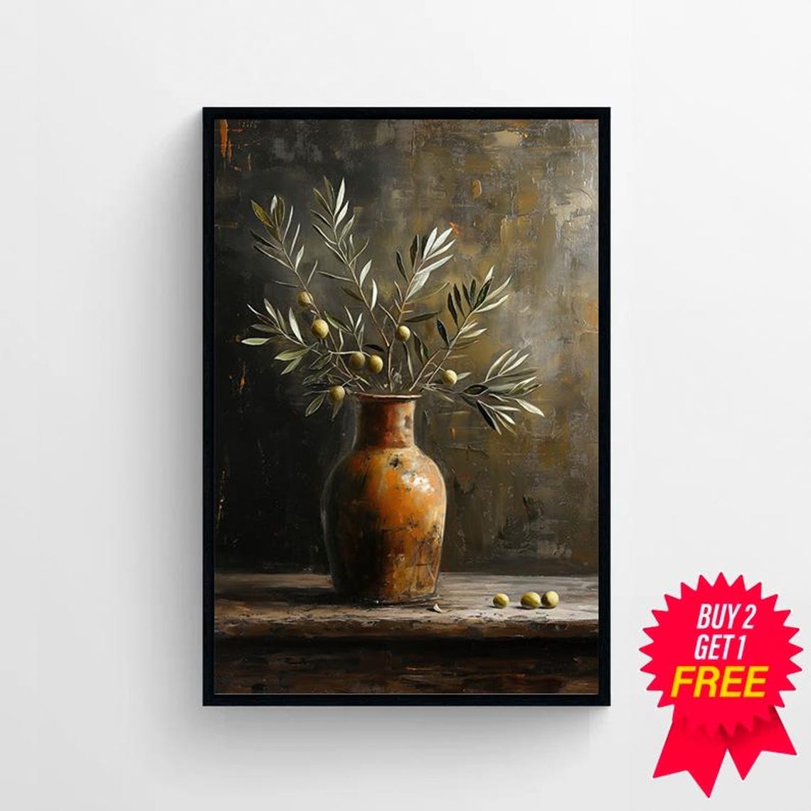 Olive Branches in Terracotta Vase Dark Moody Botanical Art Print - Image 4