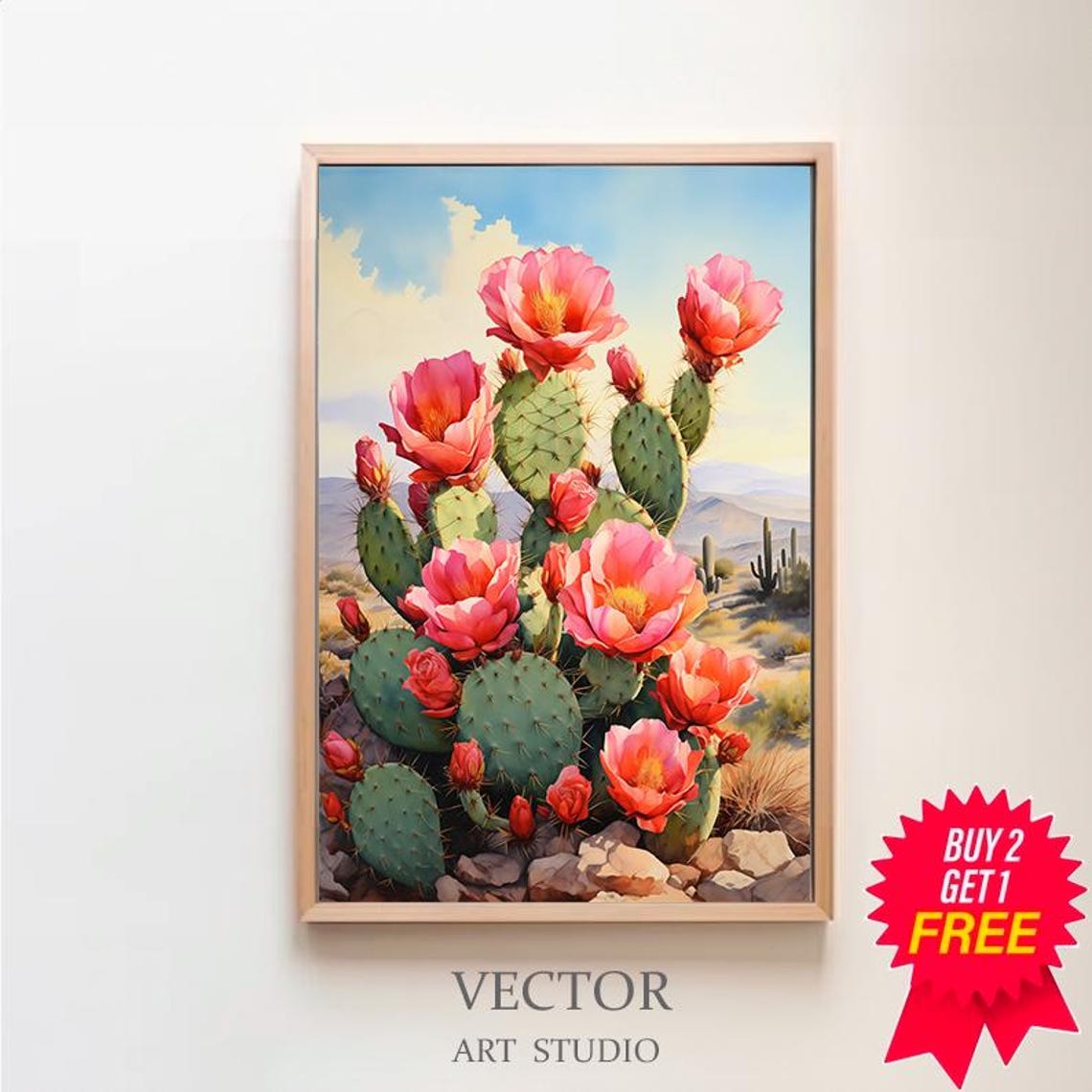 Prickly Pear Cactus with Pink Blooms Desert Morning Watercolor Poster