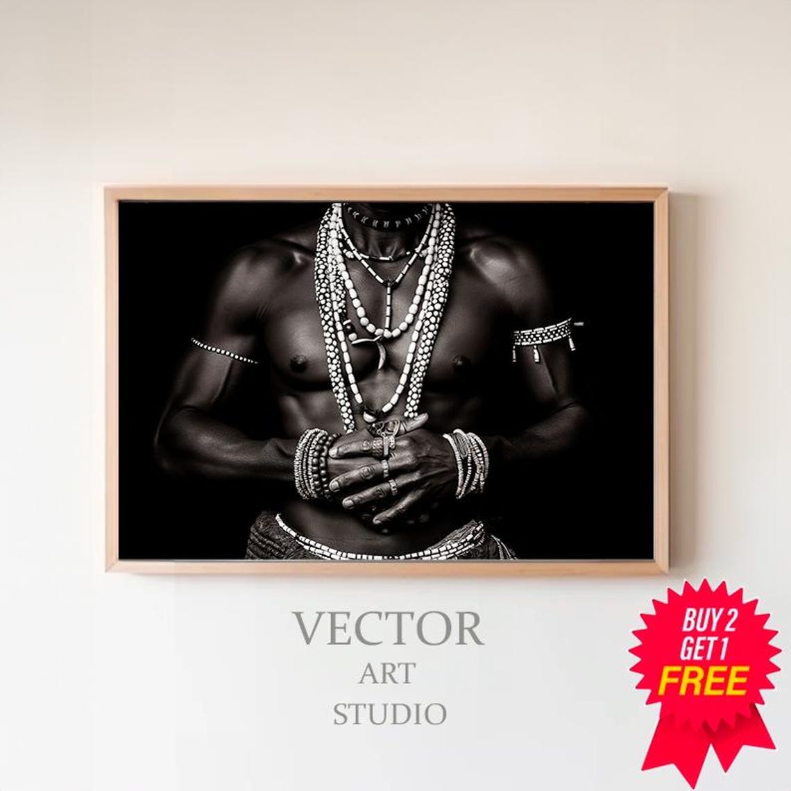 Black and White African Portrait with Beaded Necklaces Art Poster