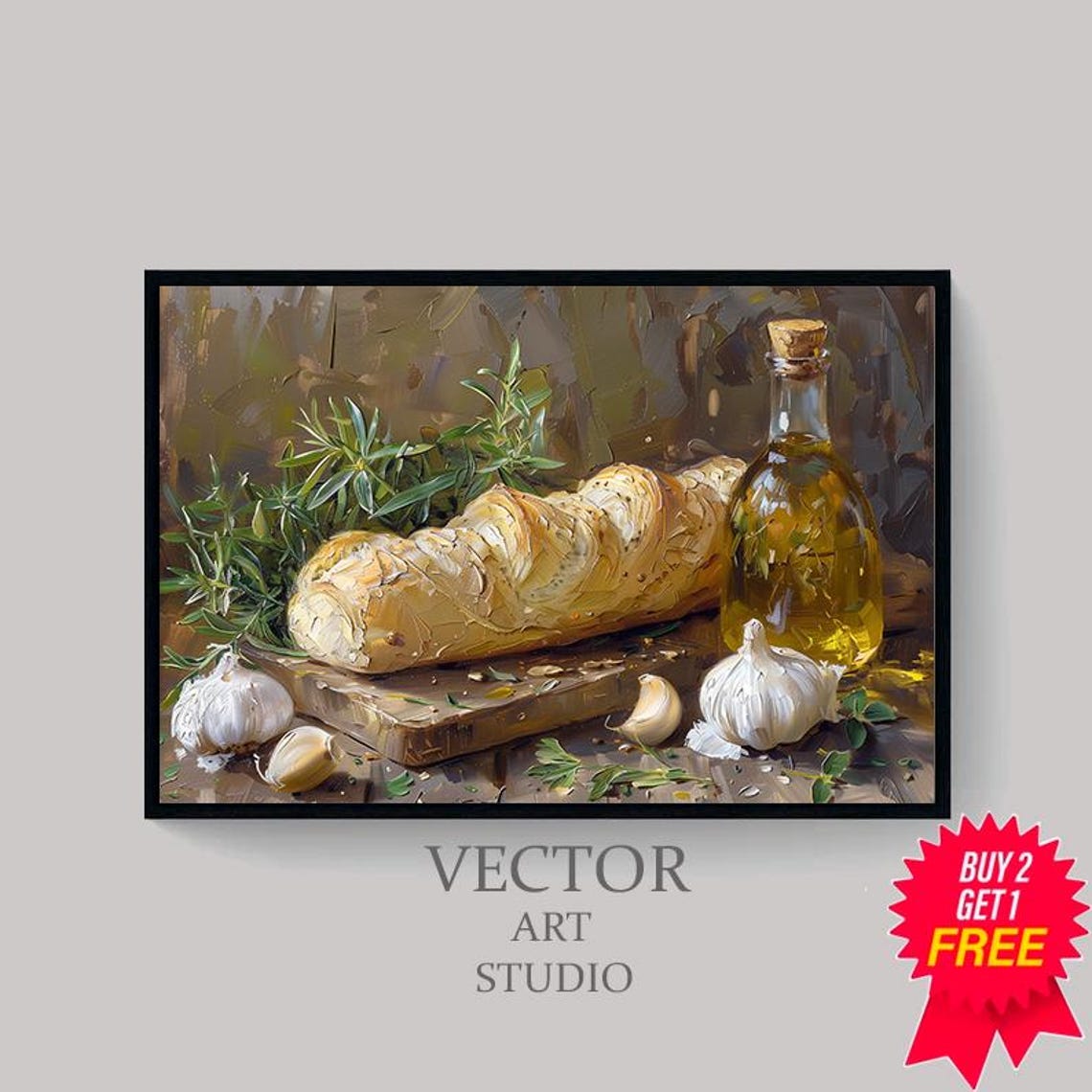 Rustic Bread Loaf Garlic Olive Oil Kitchen Still Life Poster - Image 4
